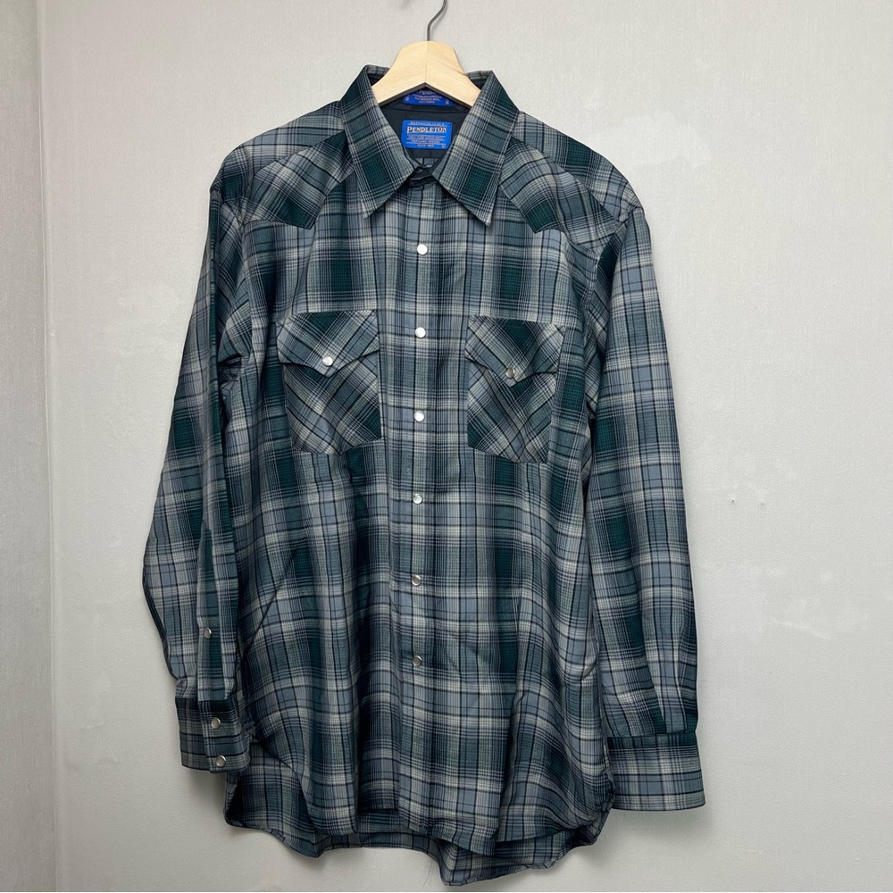 Vintage Pendleton Green 100% Virgin Wool Flannel Pearl‎ Snap Button Size Large